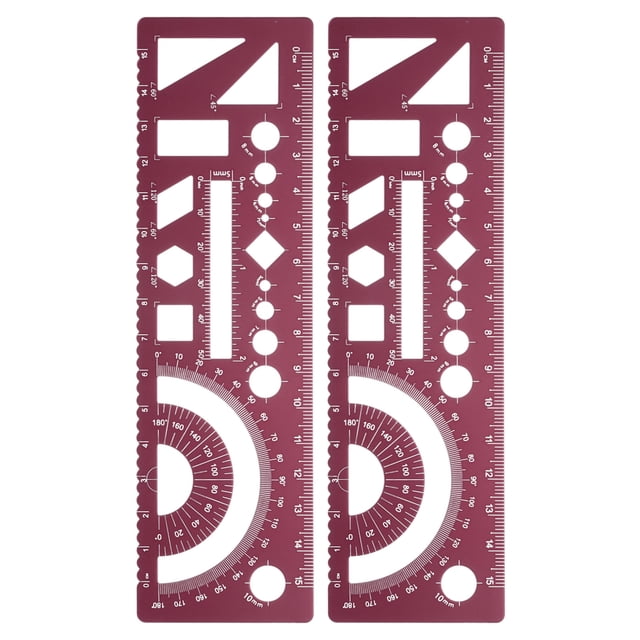 Uxcell 2 Pcs Règles Géométriques Multifonctionnelles 15cm Métrique et Aluminium SAE Bord Droit Angle Protracteur Règle de Mesure Mathématique Modèles de Dessins Géométriques, Rouge Foncé