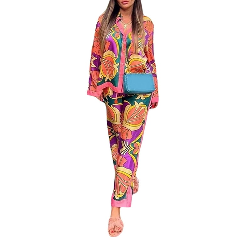 Pudcoco Women's Fashion Loungewear 2 Piece Set, Abstract Geometric Print  Long Sleeve Lapel Button Down Shirt + Elastic Waist Loose Pants 