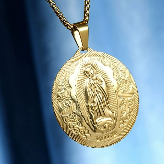 Mens Necklaces Virgin Mary Maria Miraculous Medal 14K Yellow Gold Fashion Religion Jewelry