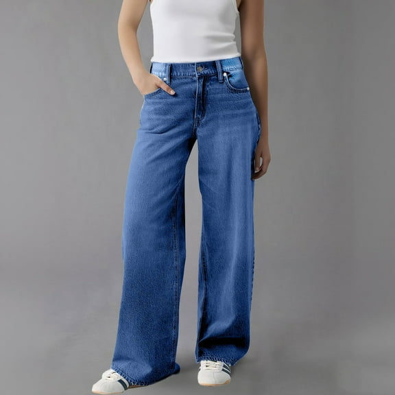Women's High Waisted Wide Leg Jeans, Baggy Mom Jeans with Stretch, Loose Fit Straight Leg Denim Pants for Casual Wear, Street Style and Daily Outfits-Blue