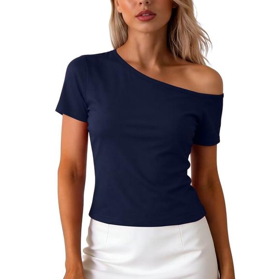 yillto Womens off Shoulder Tops Summer Spring Tshirts Short Sleeve Slim Solid Color Tees Going out Shirts