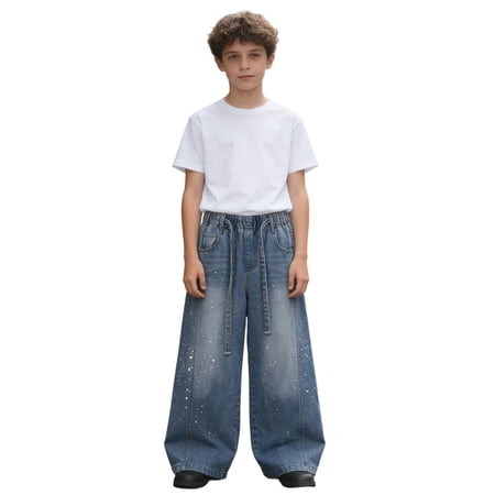 HAYIMI Children Girls High Waist Wide Leg Denim Pants Blue Soft Stretch Jeans Comfortable Casual Solid Color Trousers With Pockets For Teen Youth Soft Slacks