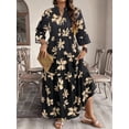 thumbnail image 4 of Black Floral Print Long Sleeve Maxi Dress With Tiered Skirt And Mock Neck For Women, 4 of 6