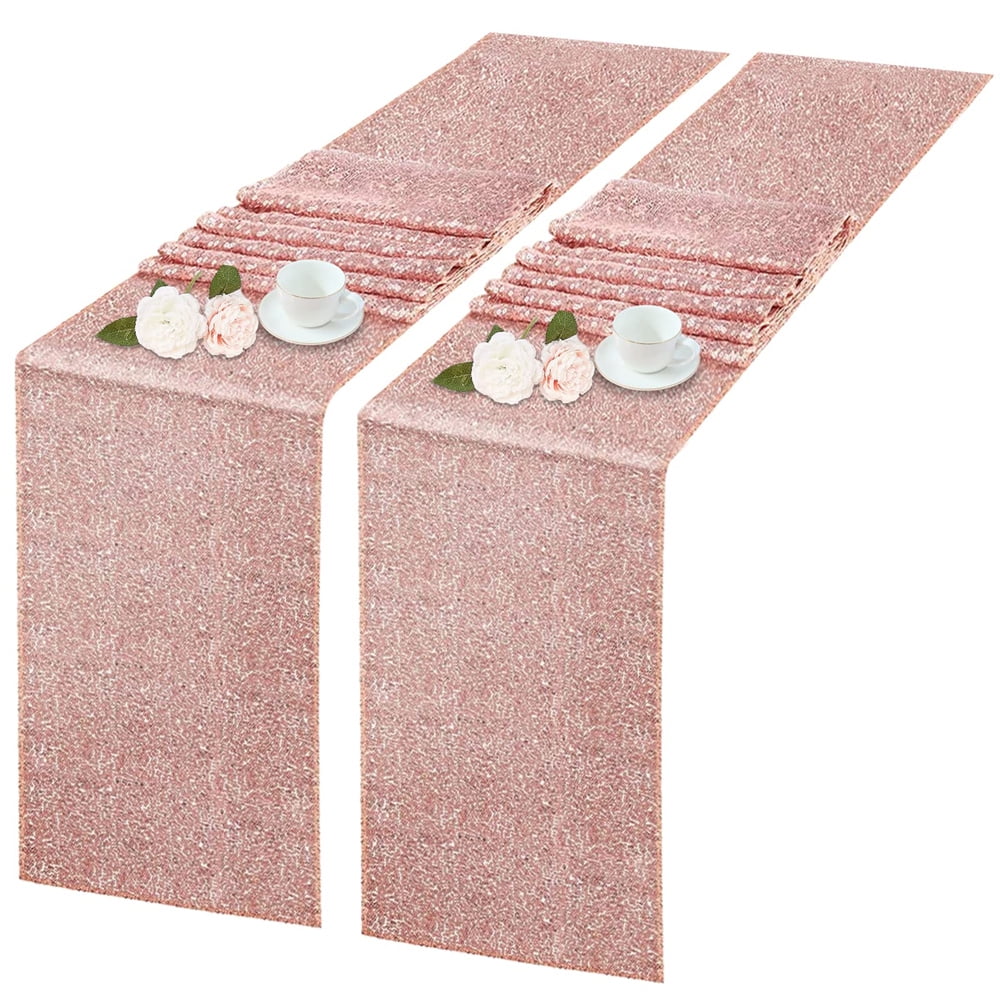 Rose Gold Glitter Sequin Table Runner - 12x108 Inches Sparkly Wedding, Party, Decoration Backdrop