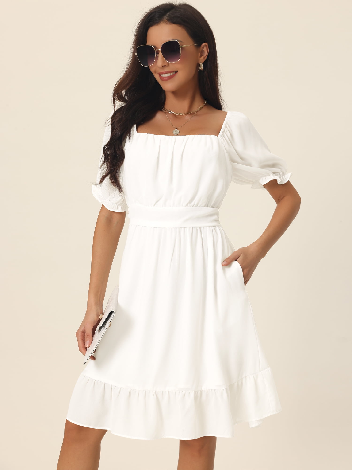 Unique Bargains Women's Square Neck Smocked Back Ruffle A-Line Dress L White