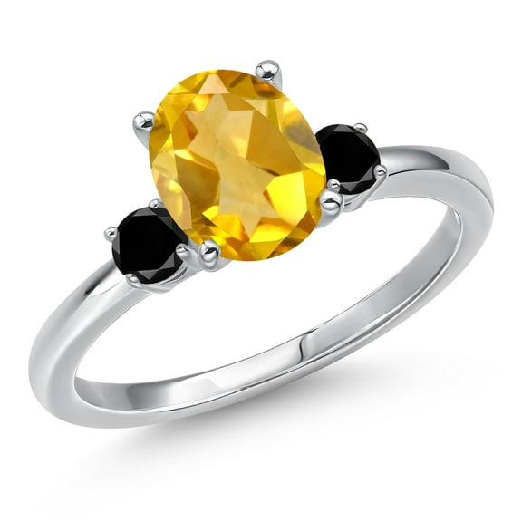 Gem Stone King 14K White Gold Yellow Citrine and Black Diamond Engagement Ring for Women | 1.70 Cttw | Oval 9X7MM | Gemstone November Birthstone | Size 7