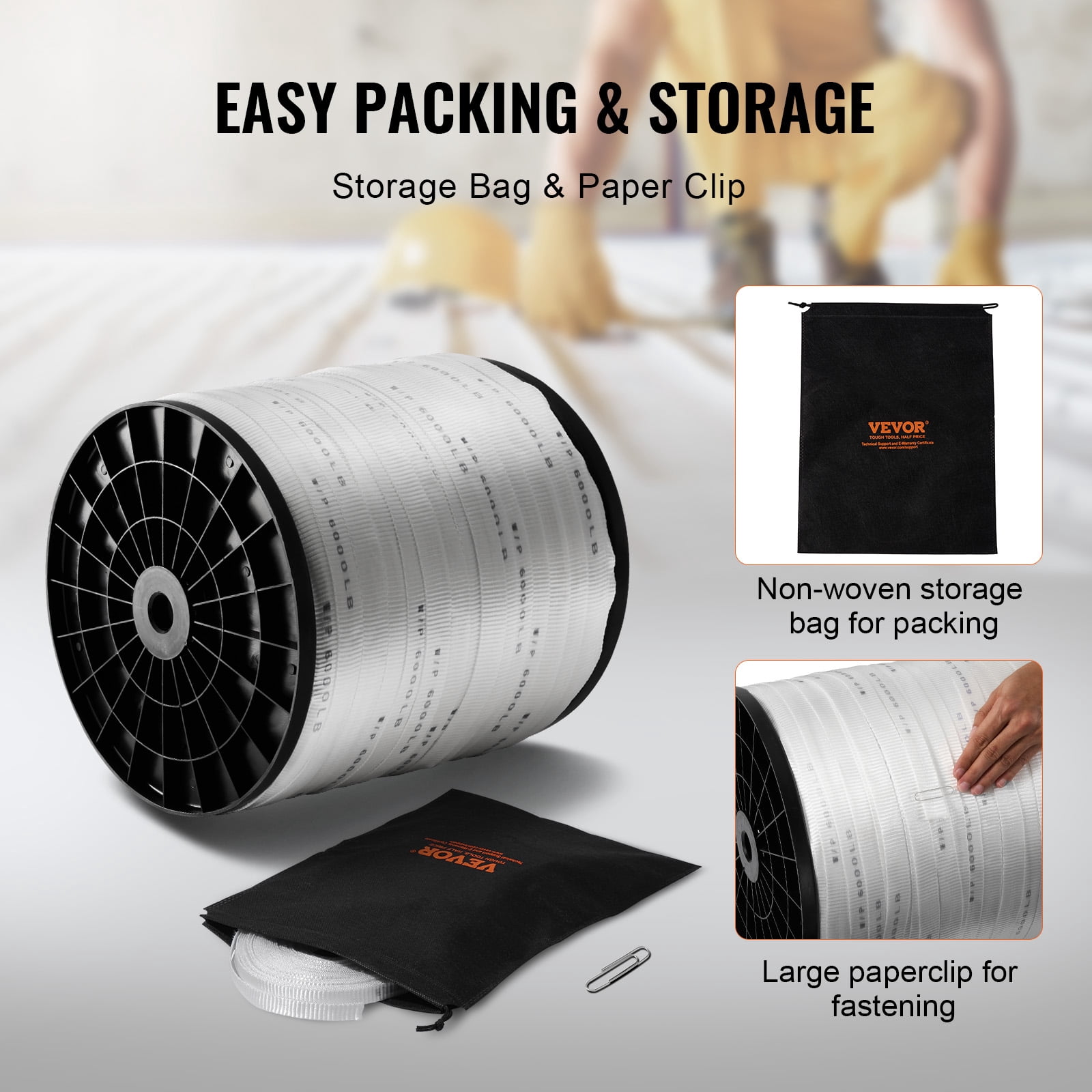 VEVOR Polyester Pull Tape, 1" x 2103' Mule Tape Flat Rope, 6000 lbf Tensile Capacity, Printed Webbing Cable Pulling Tape for Packaging, Gardening, Commercial Electrical, Conduit Work, White
