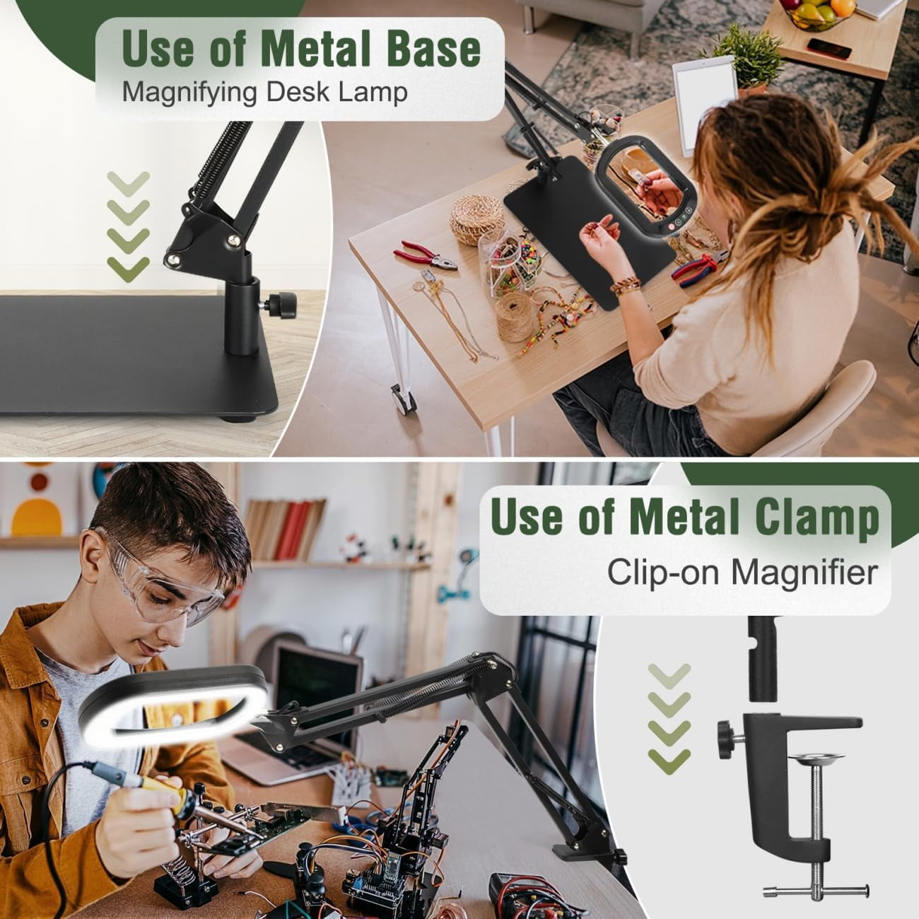 LED Magnifying Desk Lamp with Clamp, Square Real Glass Lens, 5 Color Modes Stepless Dimmable, Hands-Free for Reading Craft Hobby Close Work - Black