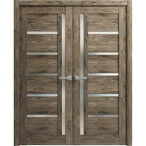 Solid French Double Doors Frosted Glass | Quadro 4088 Cognac Oak | Wood Solid Panel Frame Trims | Closet Bedroom Sturdy Doors -64" x 80" (2* 32x80)