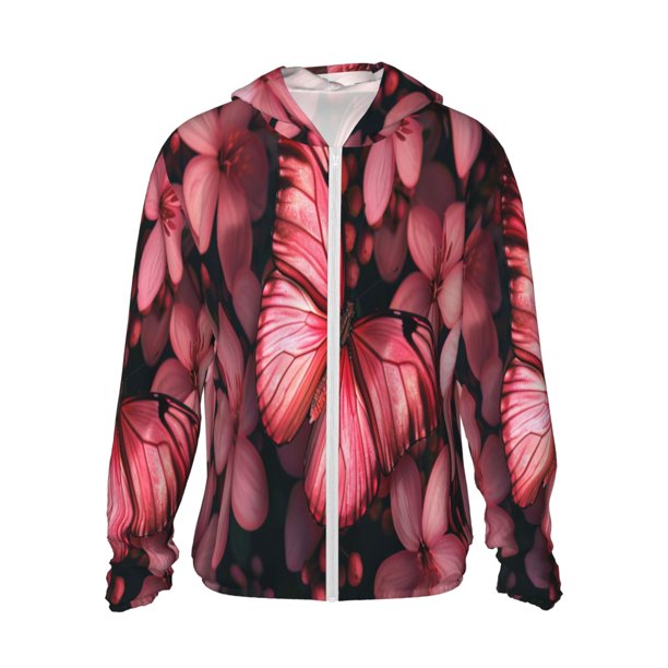Fotbe pink butterfly Chaqueta con Protección Solar UPF 50+ para Hombre y Mujer, Camisa con Capucha y Bolsillos-Medium