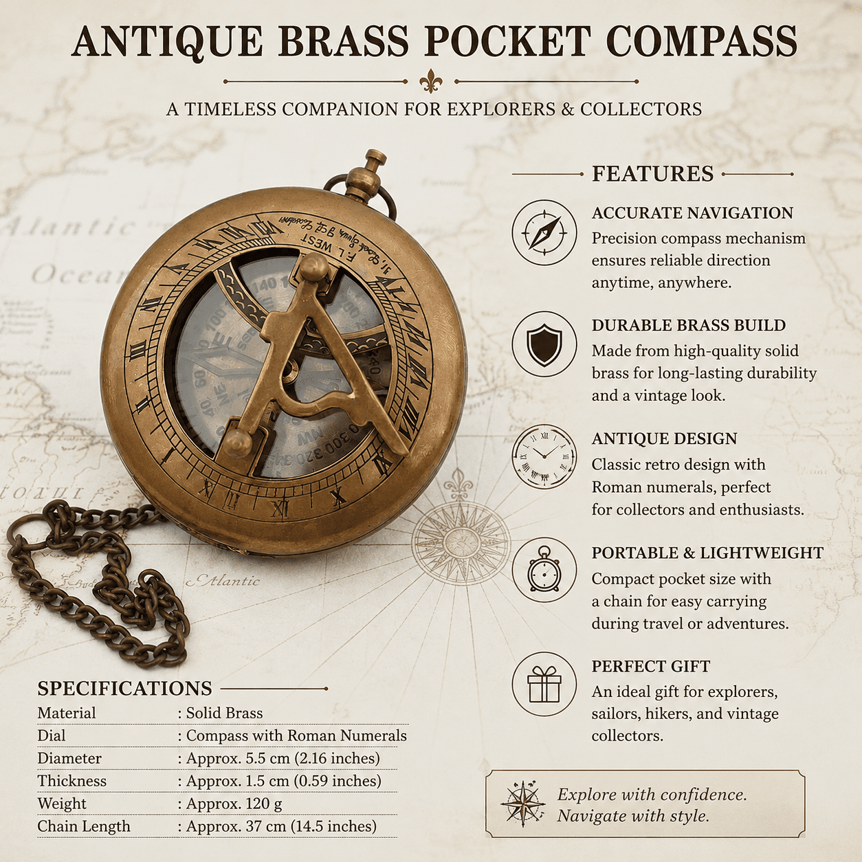 Engraved Antique Brass Sundial Compass with Chain - Personalized Handcrafted Pocket Compass - Custom Nautical Keepsake Gift for Son, Graduation, Anniversary, or Wedding