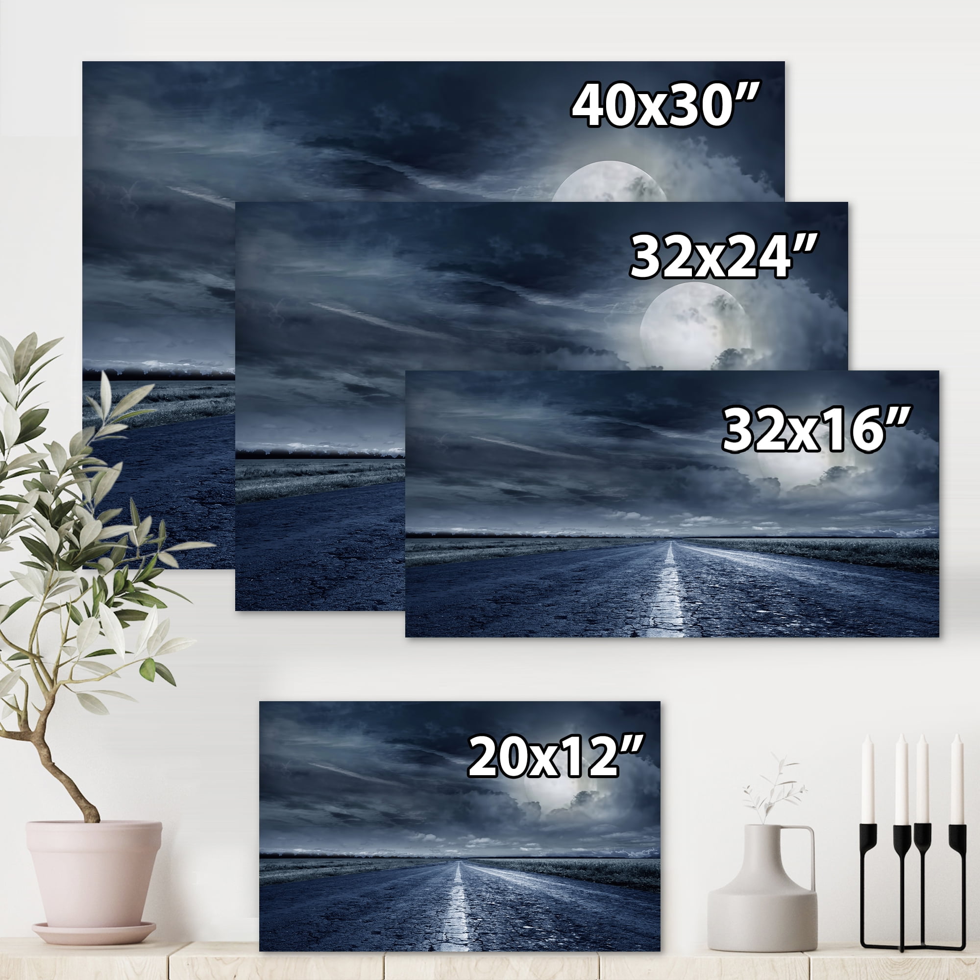 Designart ' Cloudy Full Moon Over Asphalt Road II ' Nautical & Coastal Canvas Wall Art Print