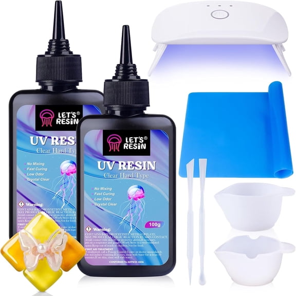 UV Resin with Light,Upgraded 200g Crystal Clear&Low Odor,UV Light,Silicone Mat,Ultraviolet Epoxy Resin Hard, Starter Kit for Jewelry,Craft Decor, Keychain Making