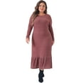 thumbnail image 3 of DARING DIVA Plus Size Ribbed Knit Long Sleeve Ruffled Hem Midi Dress 1X Purple Red, 3 of 6