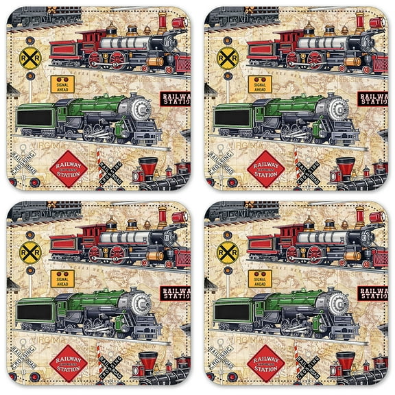 Vinyl Drink Coasters - Set of 4 - Steam Locomotives (tan) - Image by Dan Morris