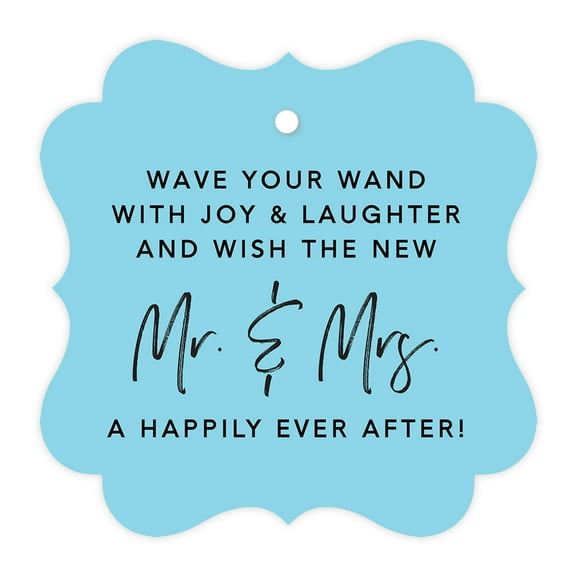 Koyal Wholesale Baby Blue Fancy Frame Wedding Ribbon Wand Favor Tags, Wave Your Wand With Joy & Laughter, 96-Pack