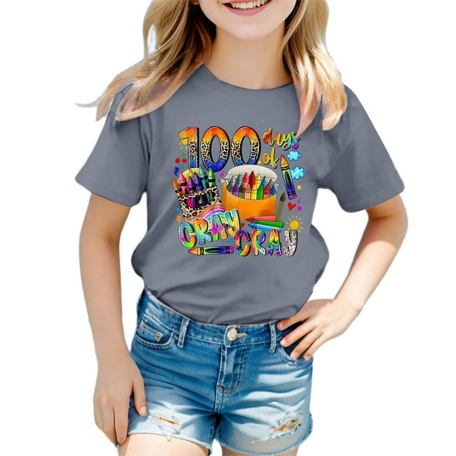 LUOGENLI T-Shirt pour Filles Filles 100 Jours École Imprimé Mode Manches Courtes Col Rond Ample Décontracté T-Shirt Chemises pour Filles Longueur Midi Gris 8-9 Ans