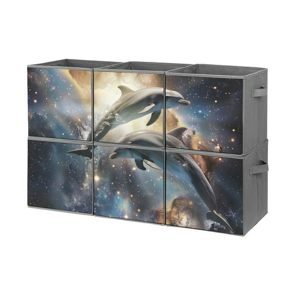 Collapsible Oxford Fabric Storage Cubes with Handles, Large Mid Foldable Oxford Cloth Bins Set of 2/6, Closet Organizers for Shelves Clothes Home Kitchen Toy - Dolphins in Space