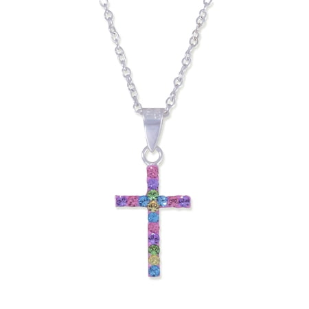 Brillinace Fine Girls' Multi-Crystal Accent Sterling Silver Cross Pendant, 18"