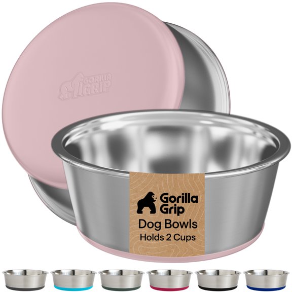 GORILLA GRIP Dog Bowl Set of 2, Food Grade 304 Stainless Steel, Silicone Base, Holds 2 Cups, Pink