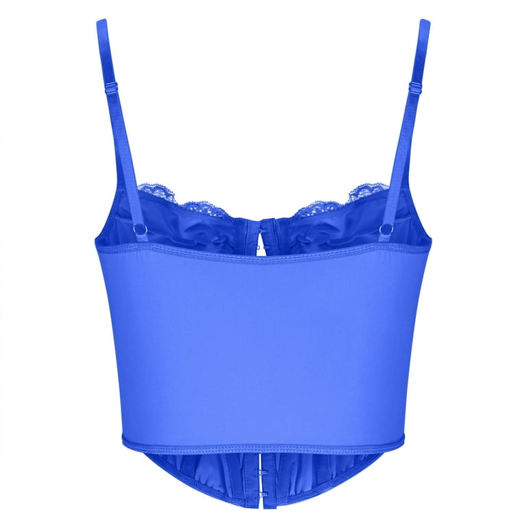 RQYYD Reduced Women's Lace Trim Corset Spaghetti Strap Asymmetrical Hem  Shapewear Cami Tank Top Y2K Fish Boned Clubwear Bustier(Blue,L)