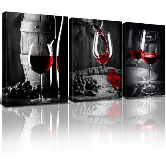 Red Wine Wall Art Kitchen Decor Black and White Goblet Barrel Canvas Painting for Dining Room Glass Cup Bar Pictures 12x16" Vintage Fruit Restaurant Artwork Wine Poster Bedroom Home Decorations 3 Pcs