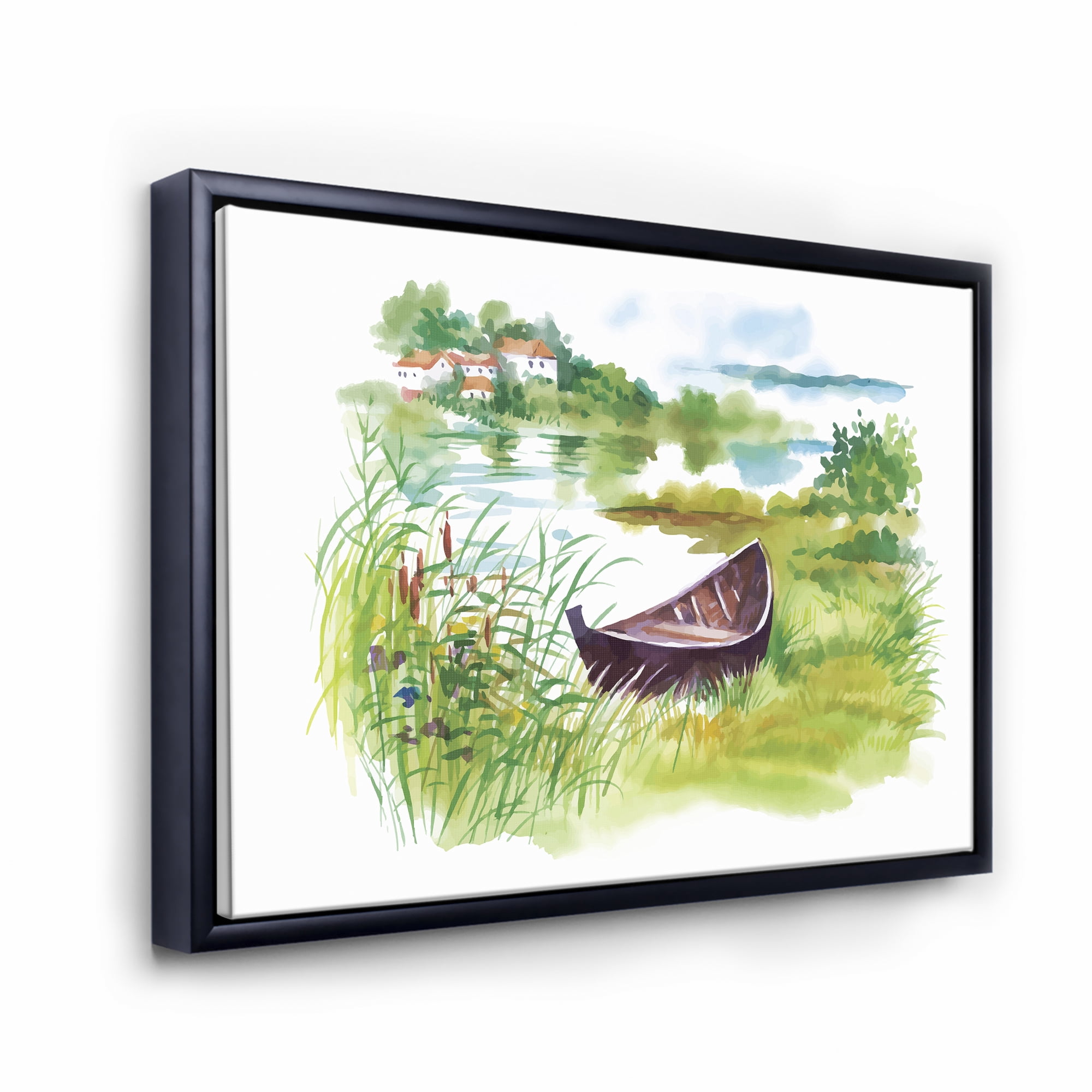 Designart 'Rural Green Landscape With Boat In Lake' Lake House Framed Canvas Wall Art Print