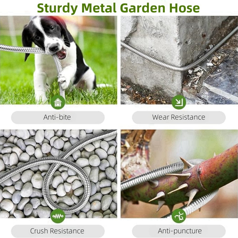 Garden Hose 25 FT,304 Stainless Steel Heavy Duty Water Hose with 7 Function Nozzles No-Kink Rust Proof for Yard Outdoor