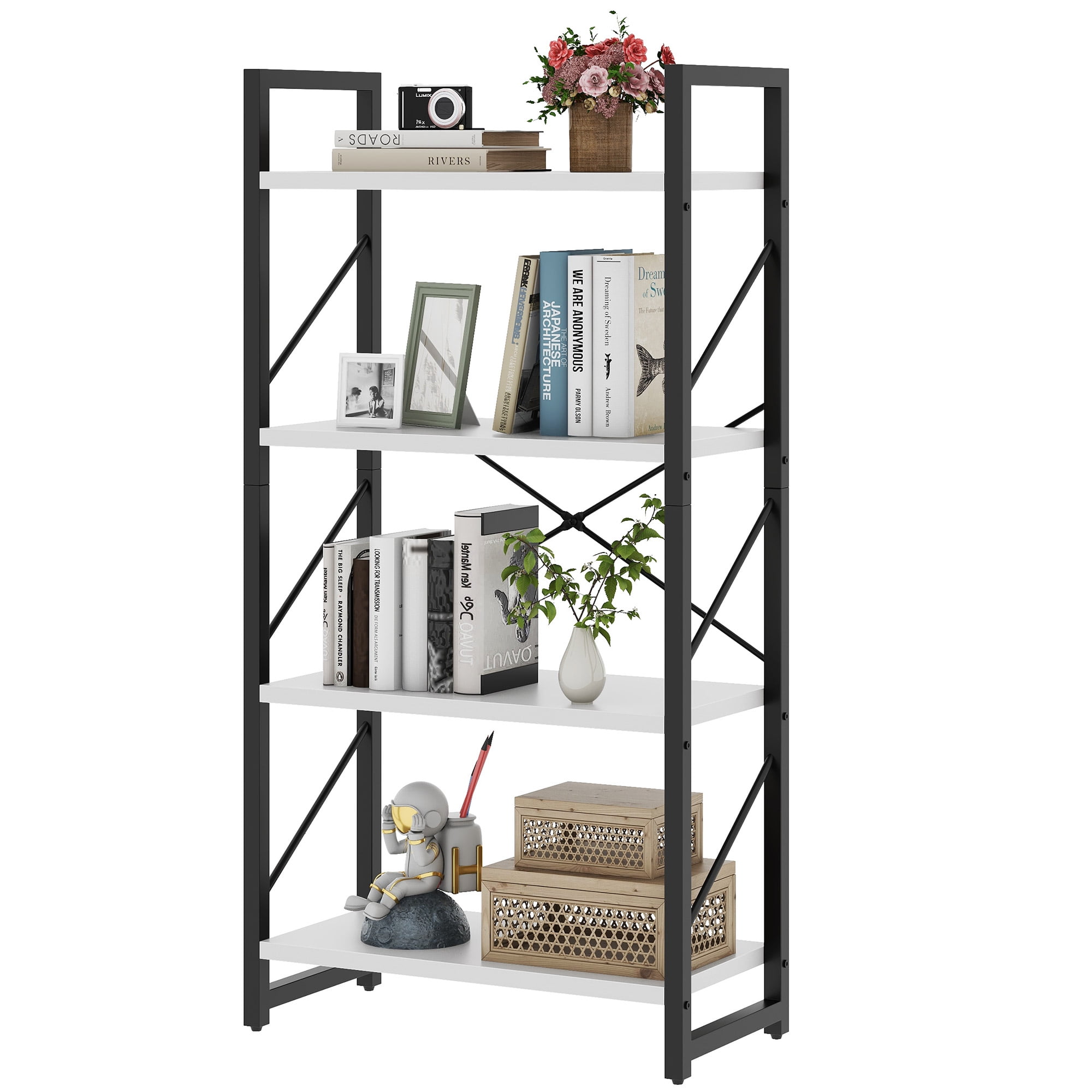 Dextrus 3-Tier Bookshelf, Ladder Bookcase, Industrial Freestanding Book Shelf Modern Open Display Storage Organizer Book Shelves for Bedroom, Living Room and Home Office, Black and White