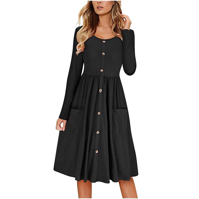 Lovzfmll Robe Maxi Trapèze à Manches Longues, Col Rond, Unie, Élégante, à Volants pour Femme, Noire, P