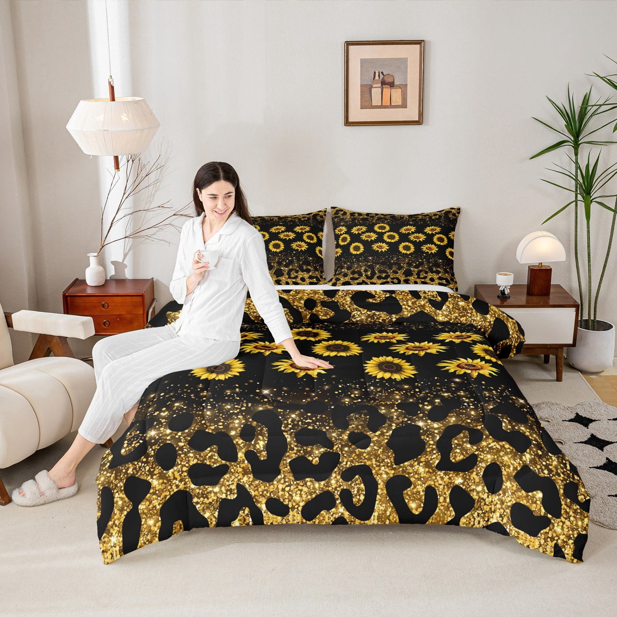 Manfei Fashion Leopard Print Bedding Sets Twin with Comforter, Sunflower Print Comforter Sets Twin Size, Glitter Reversible Down Comforter, Super Cozy Bedroom Decoration, 2pcs