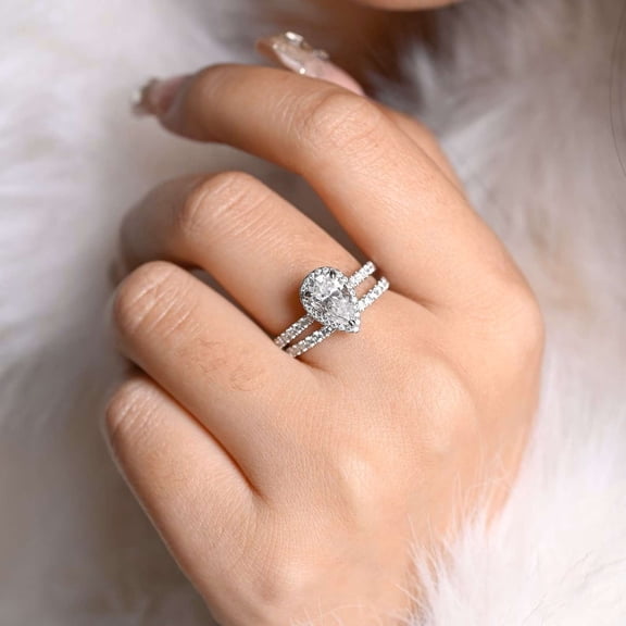 vylahjewellery Halo Moissanite Valentine Day Ring Comfort Fit Pear Cut Diamond Engagement Ring 925 Sterling Silver Wedding Anniversary Gift for Women Bridal Set Jewelery Ring