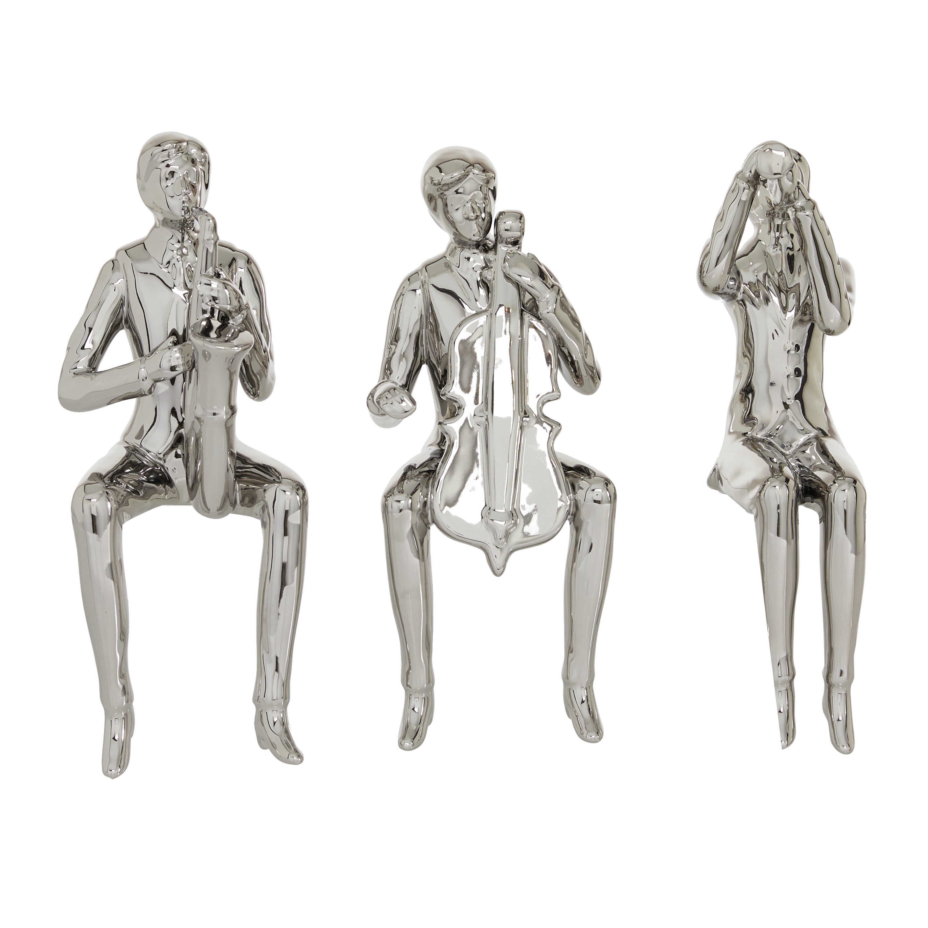 4"W, 9"H Silver Porcelain Shelf Sitting Musician Sculpture, by DecMode (3 Count)