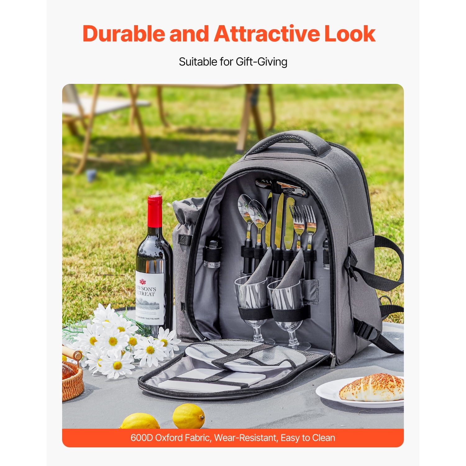 KFFKFF Picnic Backpack with Insulated Cooler, 2-Person Bag Featuring Detachable Bottle Holder, Lightweight Blanket, Plates, and Cutlery Set for Outdoor Activities, Grey