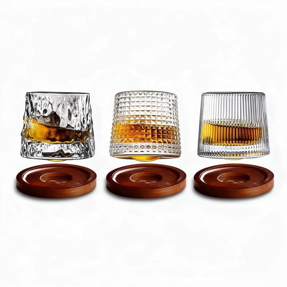 360 Degree Rotating Whiskey Glass with Wooden Base, Spinning Crystal Tumbler for Bar Party Drinking