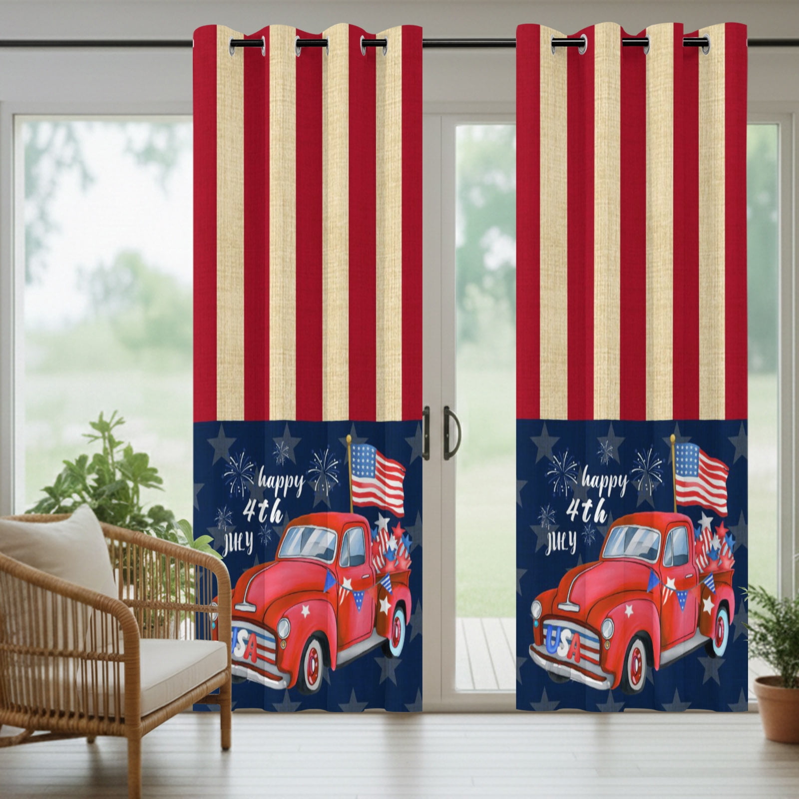USA Flag Red Truck Outdoor Curtains for Patio, Independence Day Blue Star Red Strips Sunshade Privacy Drapes Grommet Waterproof Outside Curtains for Porch/Cabana/Balcony 54"x 108", 1 Panel