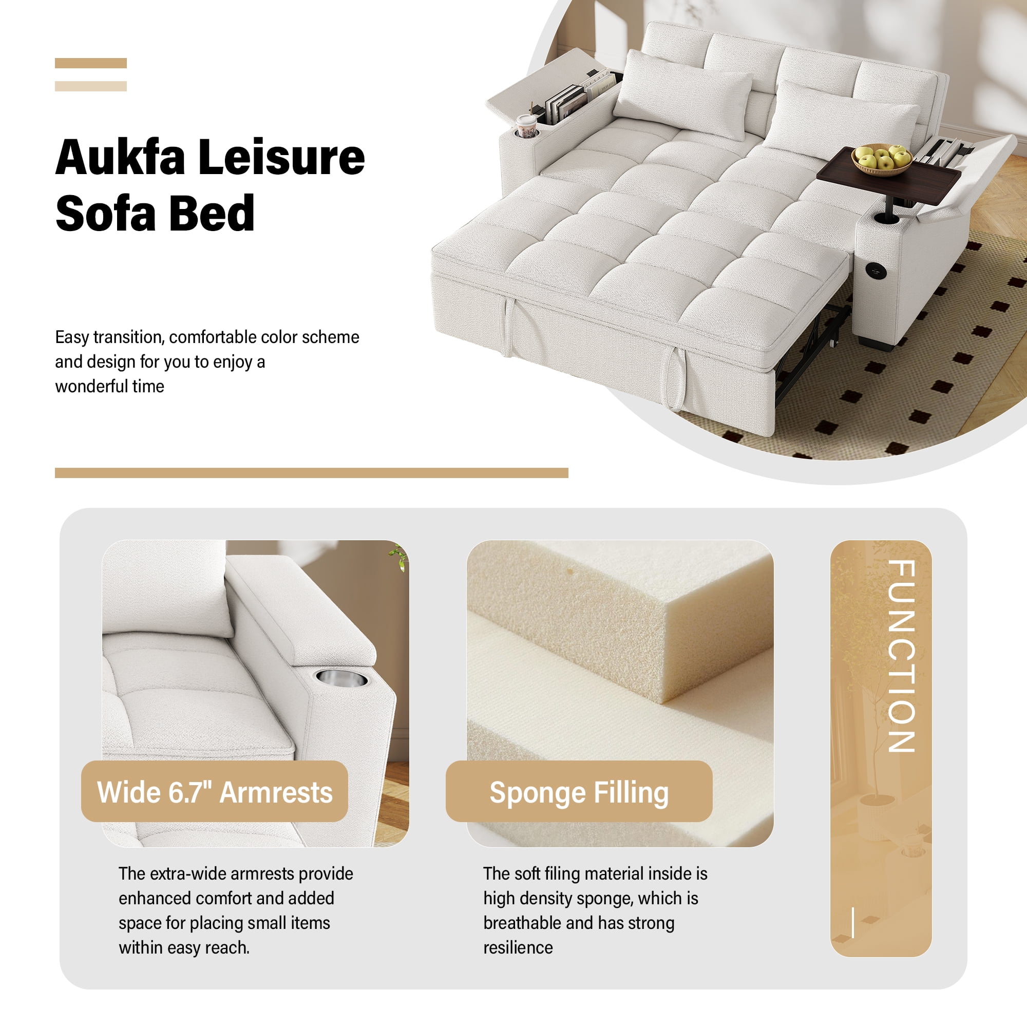 Aukfa 65"W Convertible 3-in-1 Sofa Bed with Storage, Queen Chenille Sleeper Couch with USB/Type-C Ports & Rotating Side Table,Beige