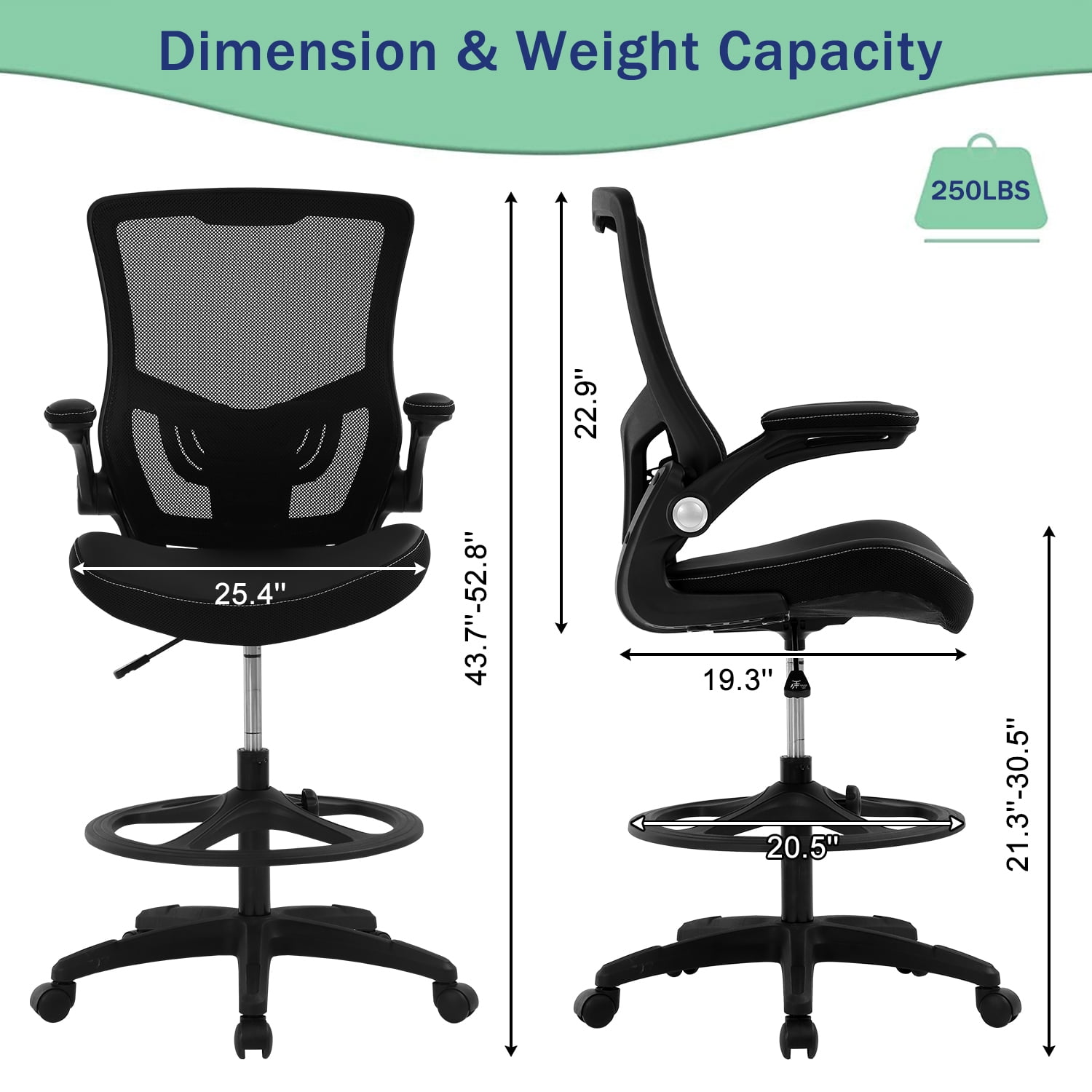 NiamVelo Drafting Chair  Tall Office Chair with Lumbar Support Footrest Ring Flip up Arms for Standing Desk, Swivel Rolling Mesh Chair Height Adjustable  Desk  Chair, Black