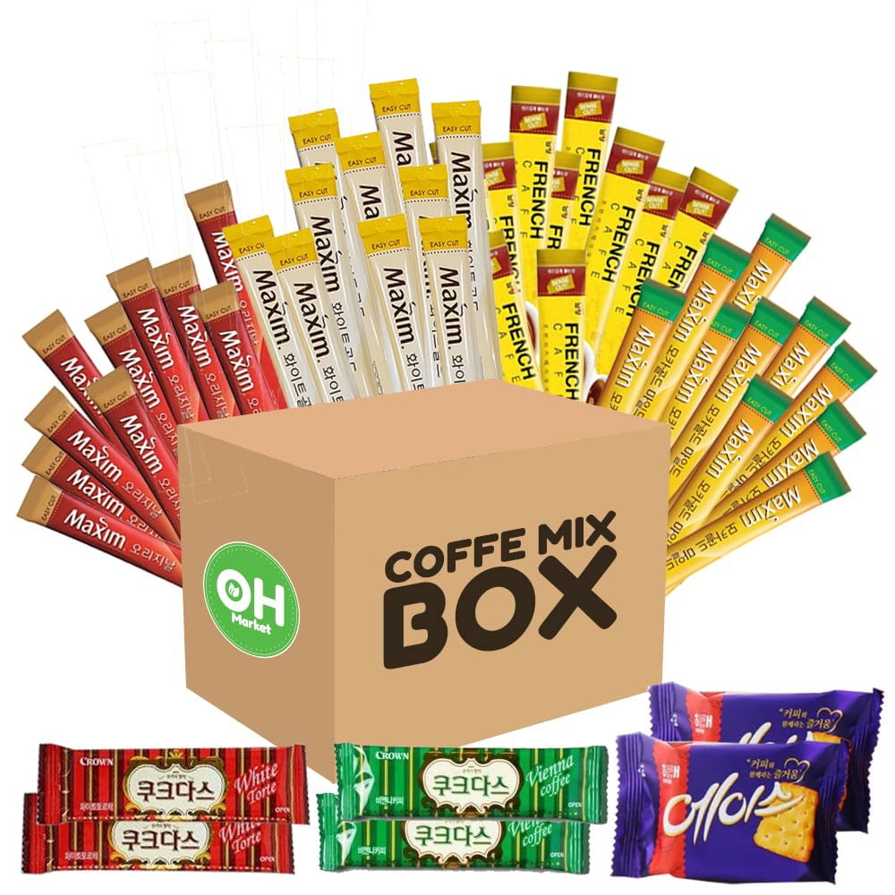 OHMARKET Korean Instant Coffee Mix Variety 40 Sticks With Snack, Coffee 4 Different Flavors (10 Pack of Each)