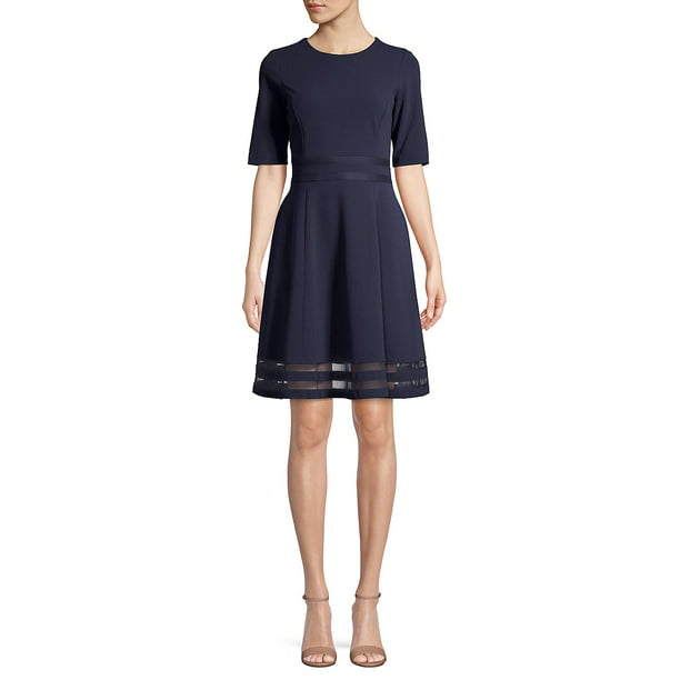 CALVIN KLEIN Womens Navy Short Sleeve Short Fit + Flare Party Dress Size:  12 