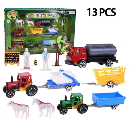 Plato Farmers Market Salmon - Toy Car Farmer Truck Role Play Action Figure Diecast Vehicle Tow Trailer Play Set for Party Favors Animals,Farmers,Wagons,Trucks for boys ,multi pairing choices, Accessories - 13 pcs F-79