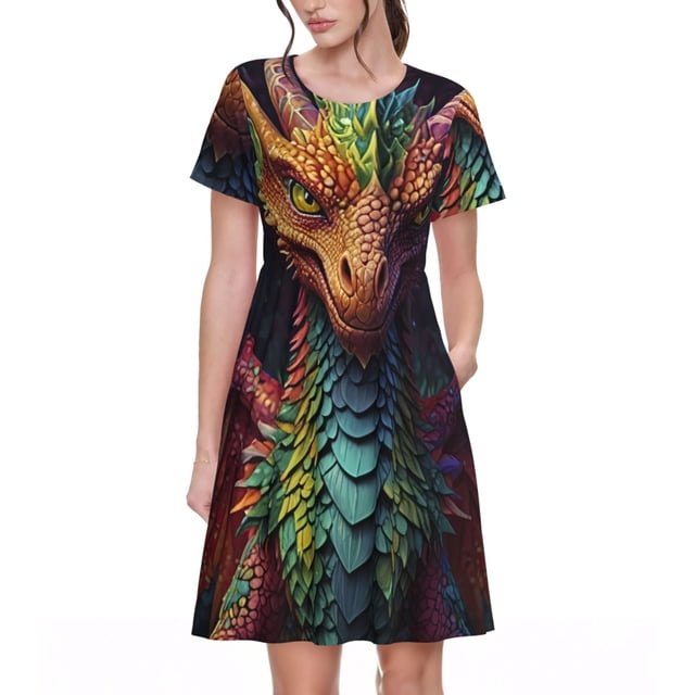 Balery Whimsical Dragon Color Cool Vestidos sueltos de manga corta para mujer, vestidos de verano 2025, vestidos casuales de corte A con vuelo.