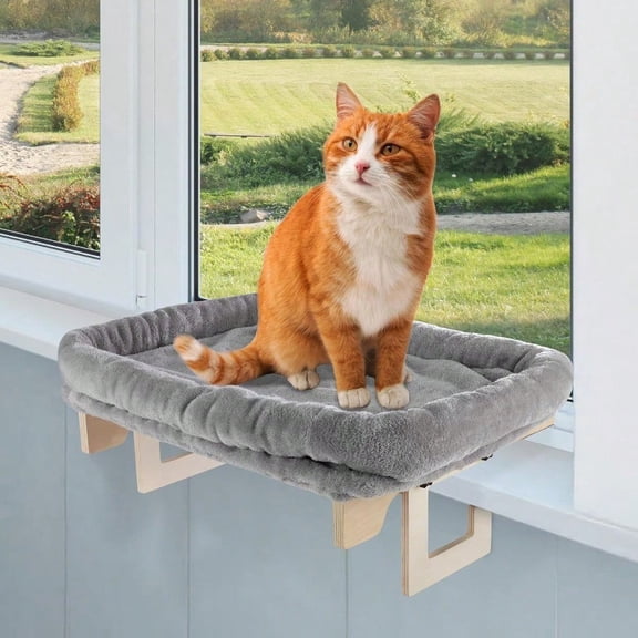 Cat Bed for Window Sill Cat Window Perch with Bolster and Removable Washable Cover Window Hammock with Sturdy Wood Frame for Large Cats Pet Beds for Indoor Cats by Gray