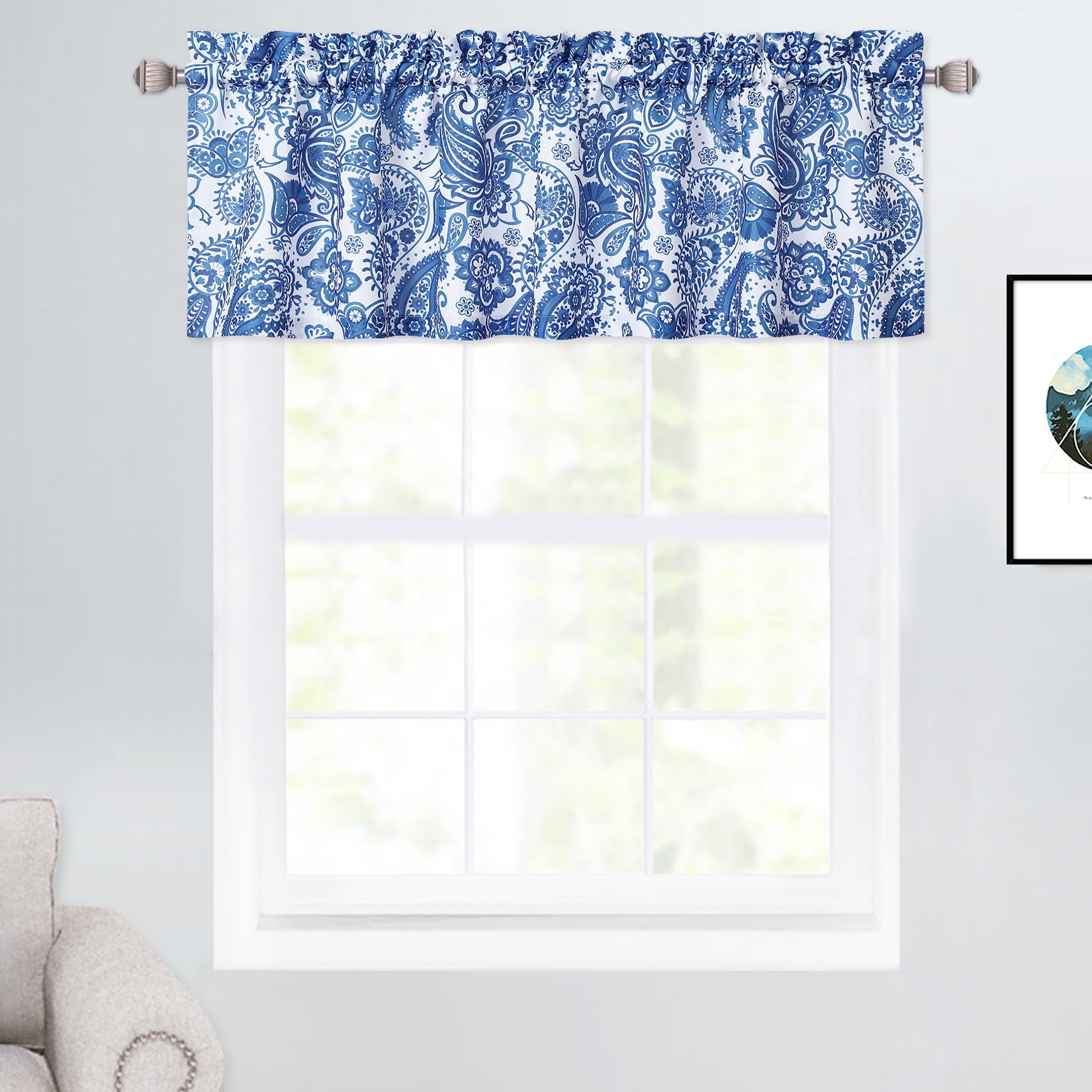 CAROMIO Vintage Cafe Light Filtering Valance for Kitchen Paisley Floral Kitchen Curtains Navy