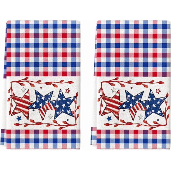 Blue Red Buffalo Plaid Stars Patriotic 4th of July Kitchen Towels Dish Towels, 18x26 Inch Memorial Day Decoration Hand Towels Set of 2