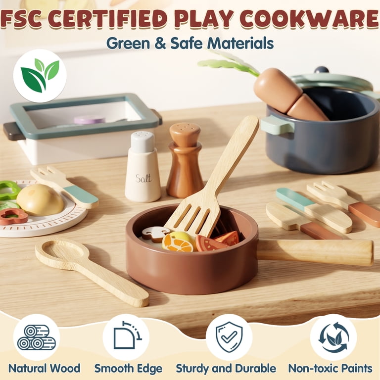 OROLIVING Wooden Kitchen Play Set with Cutting Food & Cookware photo 4