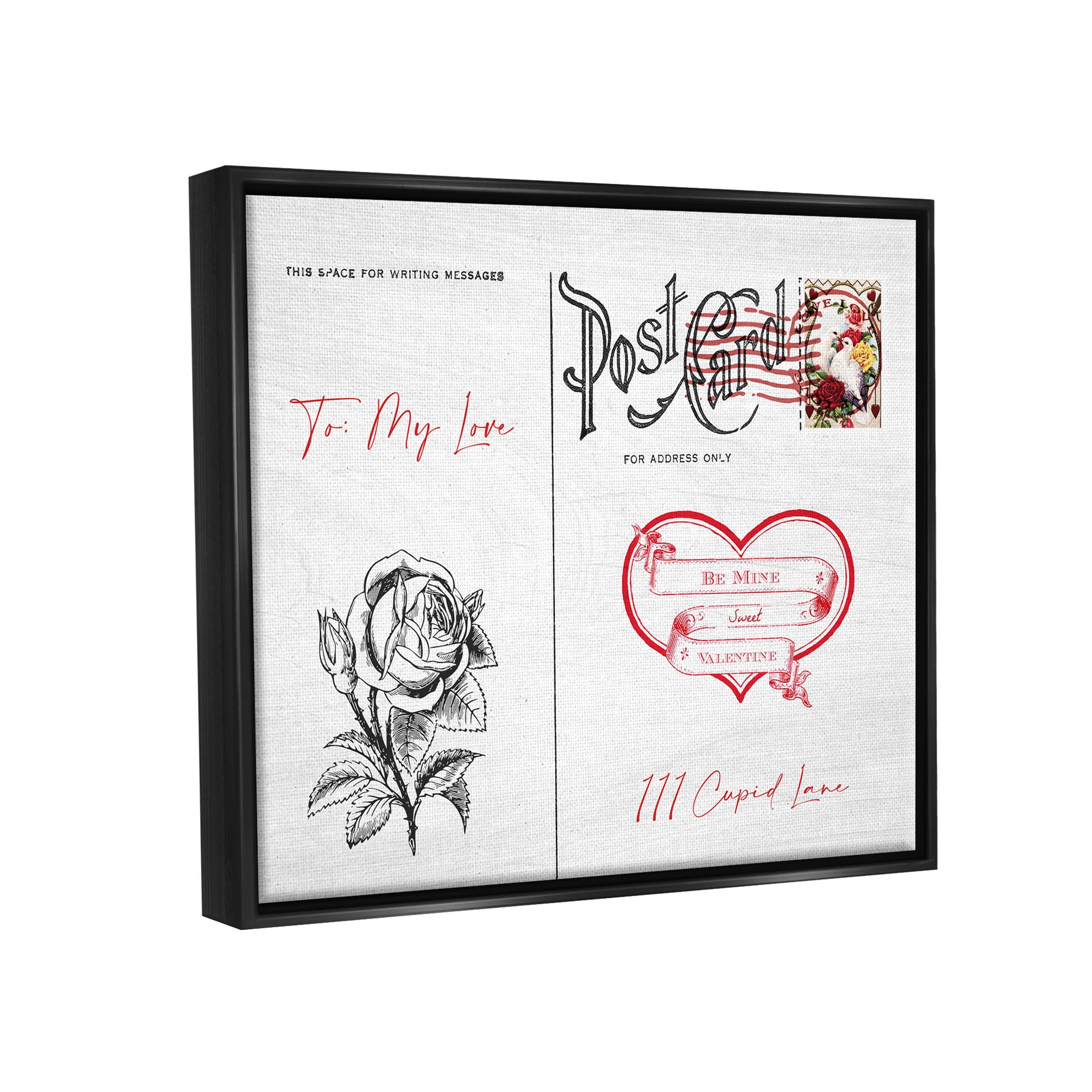 Stupell Industries To My Love Valentines Postcard Graphic Art Jet Black Floating Framed Canvas Print Wall Art, Design by Lil' Rue