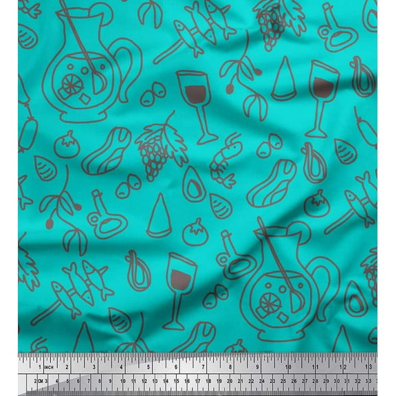 Soimoi Green Cotton Voile Fabric Grapes,Glass & Jug Hand Drawn Decor Fabric Printed Yard 42 Inch Wide