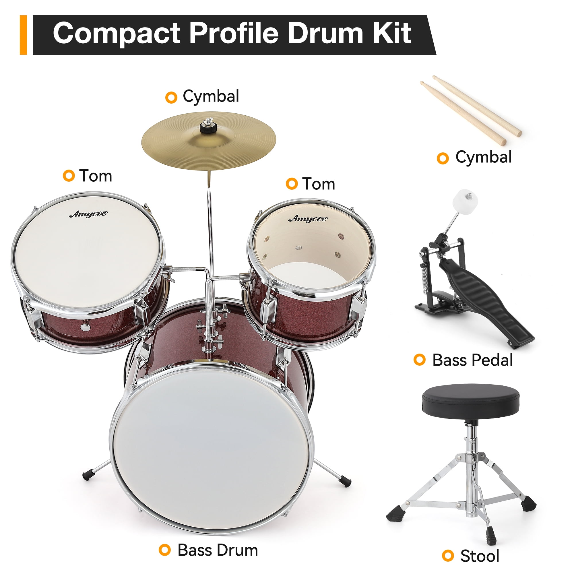 Drum Set, 3 Piece Junior Drum Set with with Cymbal, Tom, Bass Drum, Drumsticks, Bass Pedal and Drum Stool, Musical Instrument Gift Set For Beginner