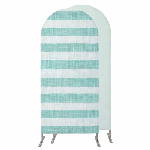 Aqua Striped Wedding Arch Cover, Stretchy Spandex Arch Backdrop Stand Covers 6 FT, Rustic Farmhouse Stripes Round Top Arched Backdrop Cover for Birthday Party Ceremony Baby Shower Event